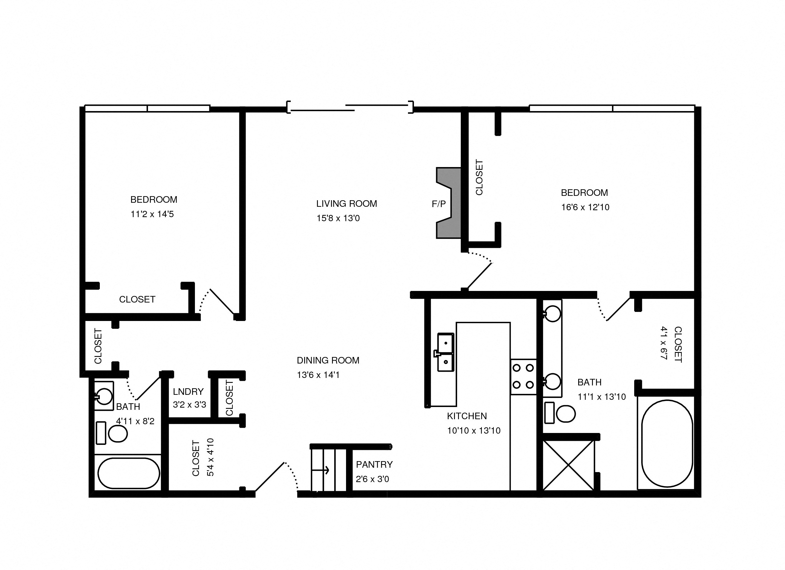 Floor plan for 2 beds, 2 baths, 1147 sqft